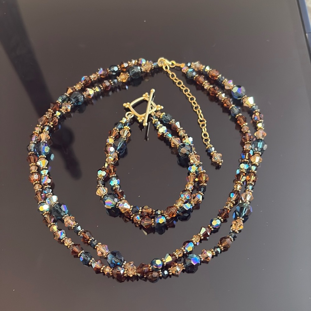 Elegant Gold and Blue Crystals Jewelry Set 925